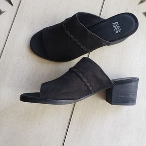 Eileen Fisher black leather kale mules